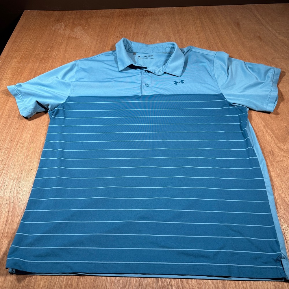 Under Armour Polo Shirt Mens 2XL Blue Striped HeatGear Short Sleeve Golf Top